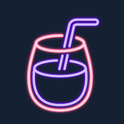 The logo of the application, a glass with a straw in neon