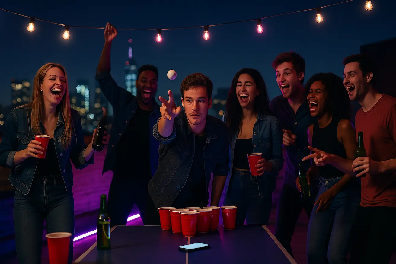 Grupo de amigos jugando Beer Pong