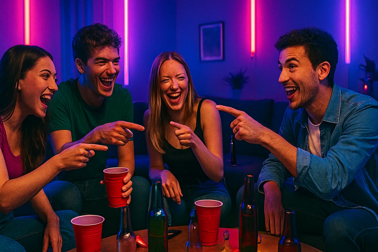 Friends laughing while playing the Who's Most Likely To game