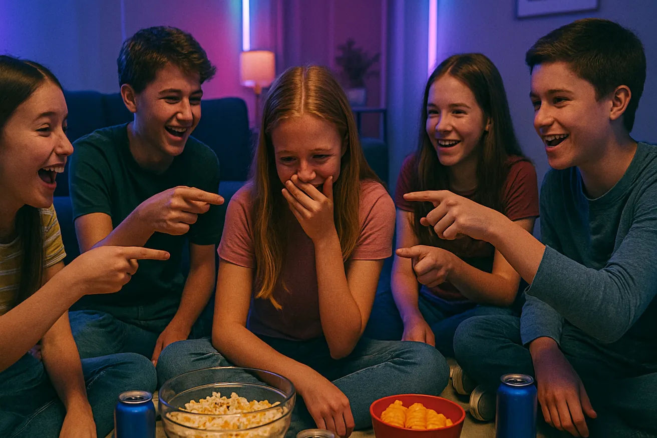 Teenage friends playing qthe Who's Most Likely To game