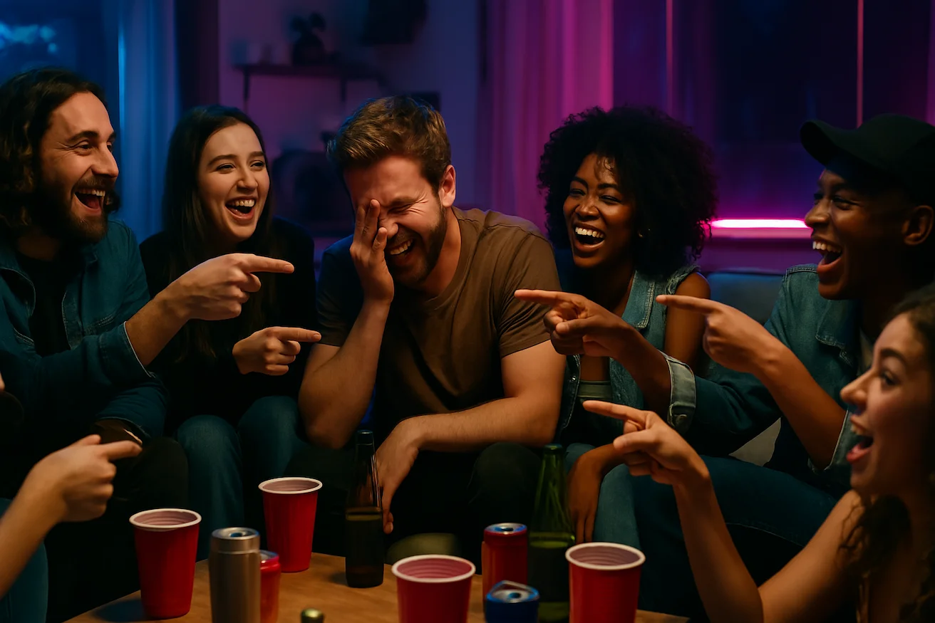 Friends playing the Who's Most Likely To game with drinks