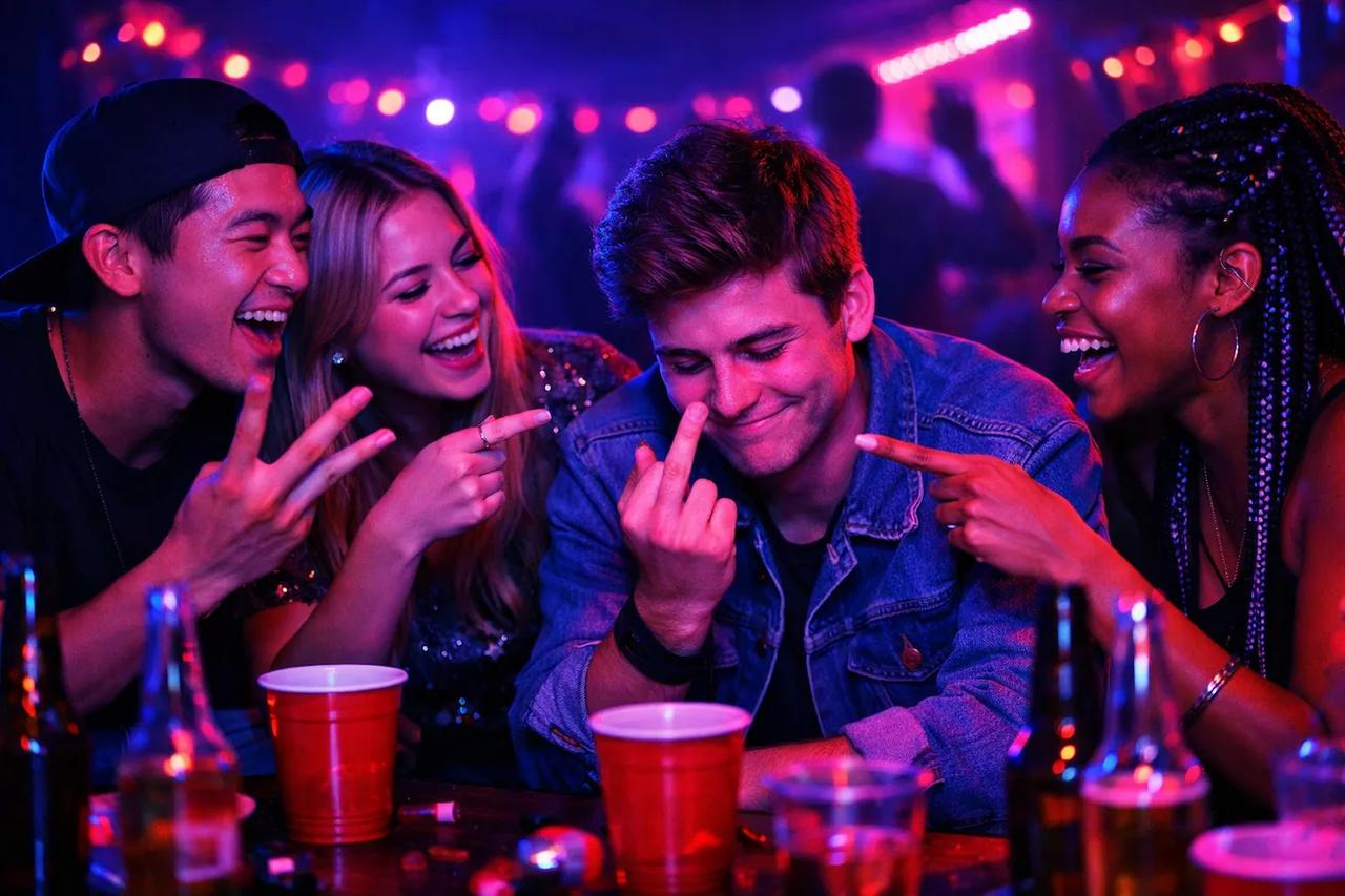 Amis jouant au jeu Baisse un doigt si