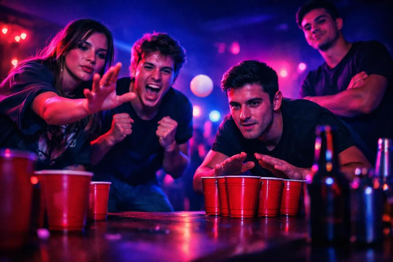 Des joueurs en pleine partie de beer pong lors d'une soirée, avec des gobelets alignés sur une table