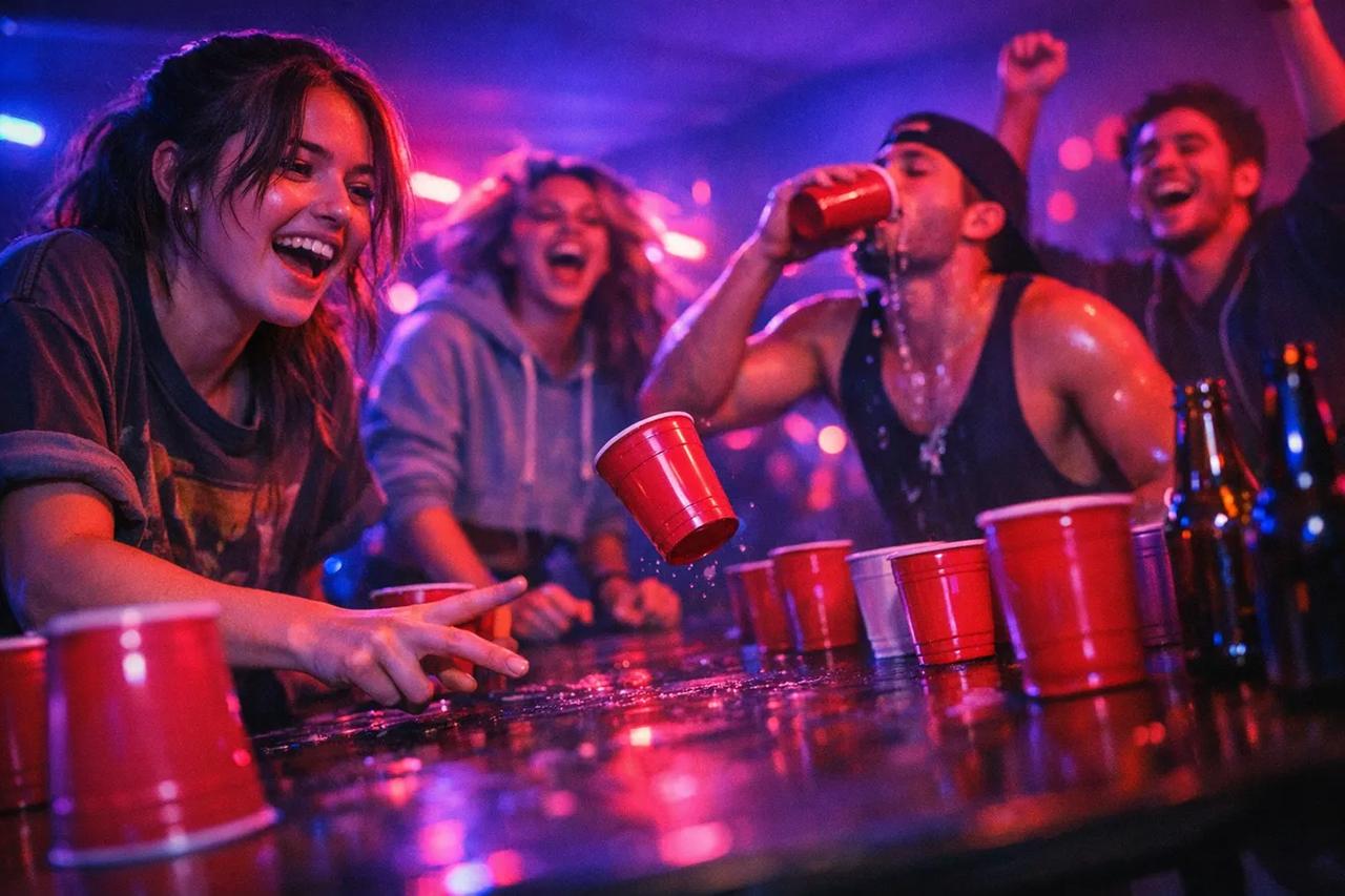 Des joueurs s'affrontant au jeu d'alcool Flip Cup lors d'une soirée, avec des gobelets en plastique alignés sur une table