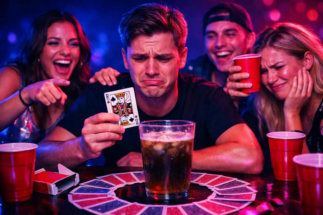 Cartes à jouer disposées en cercle autour d'un verre démontrant la mise en place du jeu King's Cup