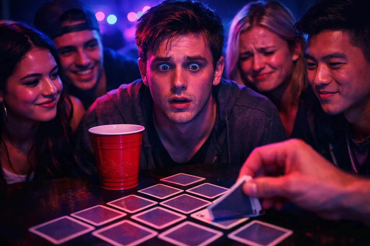 Cartes à jouer disposées en pyramide pour le jeu à boire Le Bus