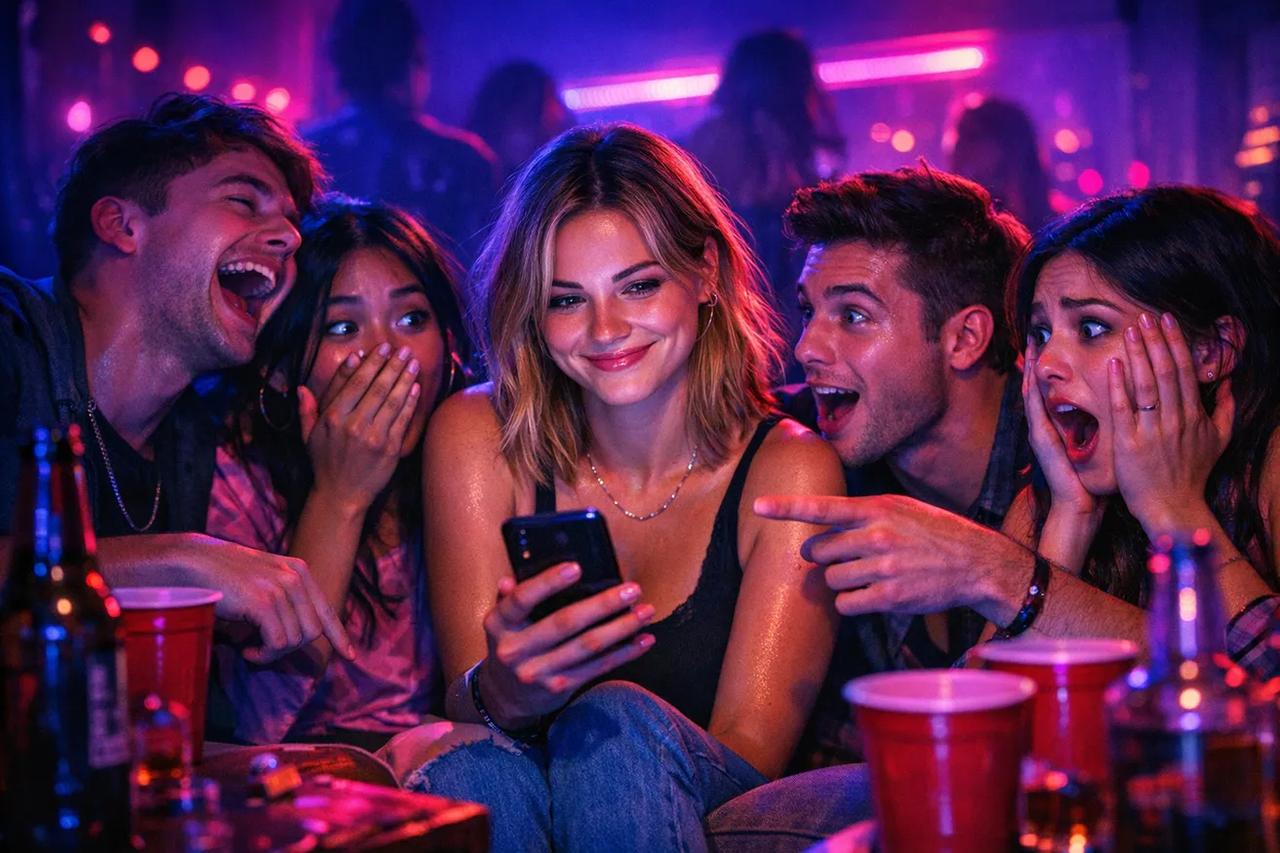 Groupe d'amis réunis autour du Test de Pureté, y jouant comme jeu de soirée