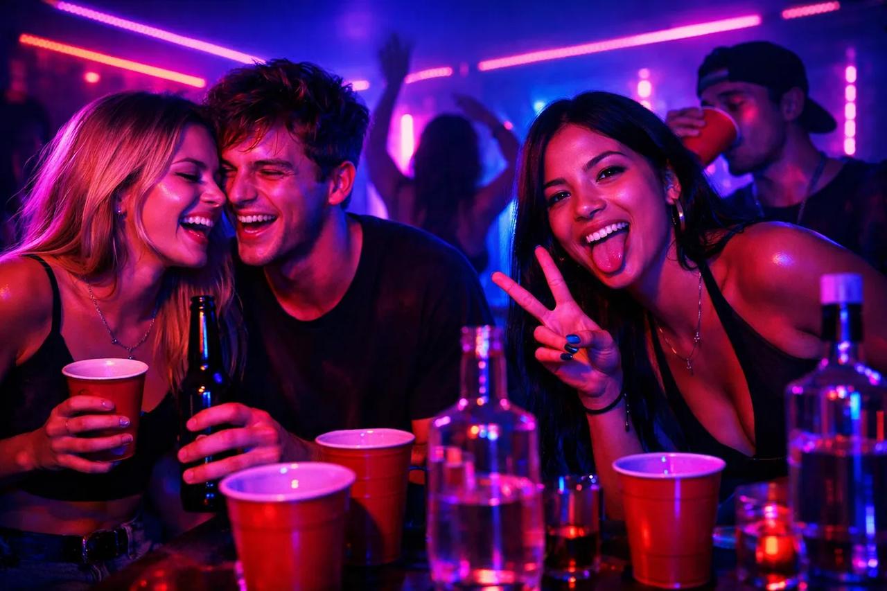 Groupe d'amis jouant à des jeux d'alcool pendant une soirée festive